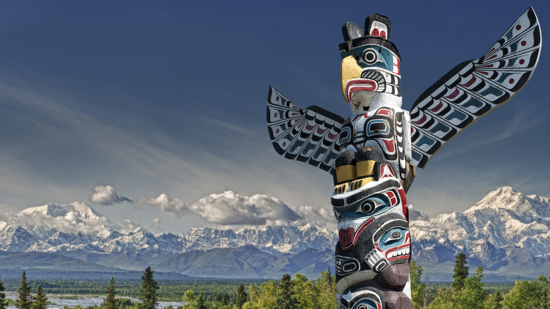 Native Totem with mountains